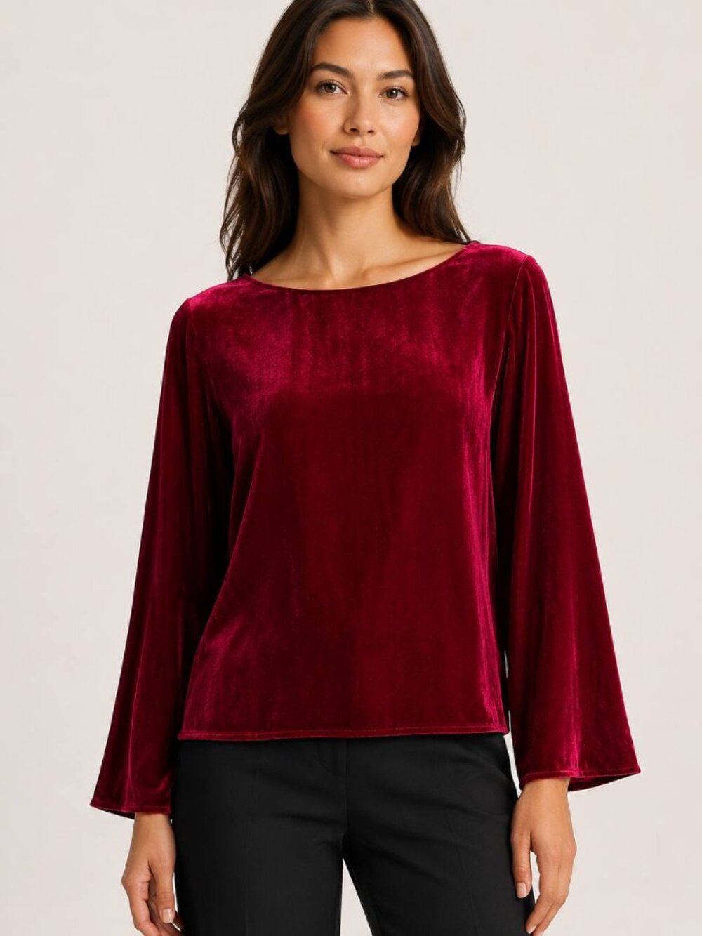 NWT Eileen Fisher Velvet Boat Neck Bracelet Sleeve Top Ruby Red Size M